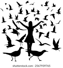 Silhouette of a woman with raised hands surrounded by many flying birds