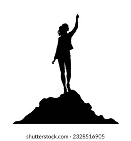 Silhouette woman raising hands on top of mountain, successful concept, vector isolated