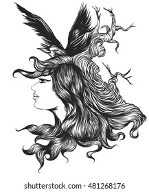 Silhouette woman with raven crow vector hand drawing background