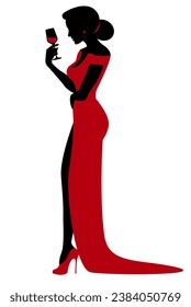 Silhouette of woman in red dress with glass of red wine in her hand. Beautiful girl in long dress. Stock vector illustration 