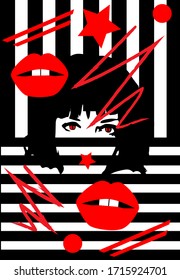 Silhouette of a woman with red lips and black and white stripes. 