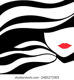 Silueta de mujer con labios rojos y cabello ondulado. Icono del peinado largo de la mujer, logotipo de la cara de la mujer sobre fondo blanco, Vector