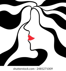 Silhouette of woman with red lips and wavy hair. Woman long hairstyle icon, woman face logo on white background, vector