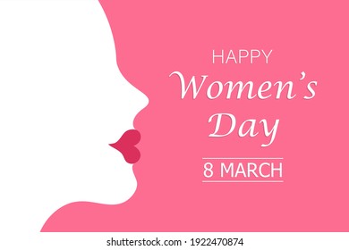 Silhouette of a woman with red lipstick and copy space with text on pink background. Women's day 8 march concept vector illustration