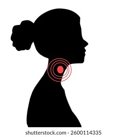 Silhouette of a woman with a red pain marker on her neck, symbolizing neck pain, discomfort, or injury. Ideal for medical, health, and wellness graphics