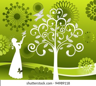 Silhouette of woman releasing birds