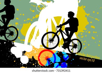 Silhouette woman ride bicycle scene vector colors ink splatter background