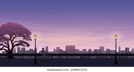 Silhueta de uma mulher anda de bicicleta na calçada ao pôr do sol com arranha-céus na ilustração gráfica de distância.