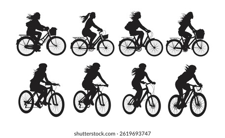 Silhouette of woman riding bicycle in black isolated on a white background. Vector illustration.