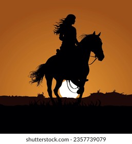 Silhouette of a woman riding a horse at sunset