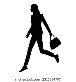 Silhouette of a woman running with a bag, a shopping student, profile, business people, vector illustration, black color, isolated on a white background