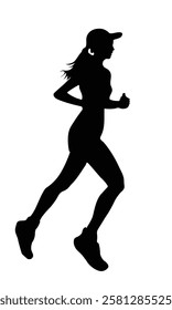 A silhouette of a woman running with determination, wearing a cap and athletic attire. The dynamic pose captures the energy and motion of a runner in mid-stride