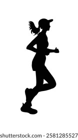 A silhouette of a woman running with determination, wearing a cap and athletic attire. The dynamic pose captures the energy and motion of a runner in mid-stride