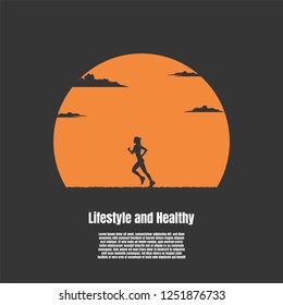 Silhouette woman running exercising the outdoors park with the sun background