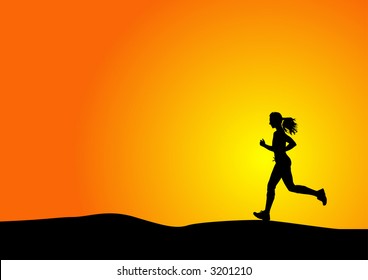 silhouette of a woman running with sunset