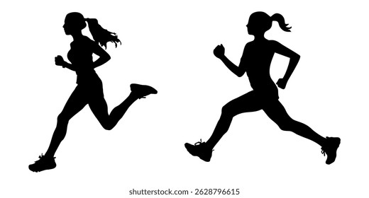 Silhouette of a woman running vector. Great for fitness, jogging, workout, health, lifestyle, sport, cardio, and motion-themed designs, posters, apps, or promotional materials.