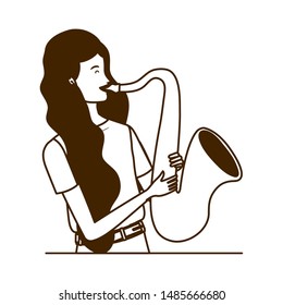 silhouette of woman with saxophone on white background