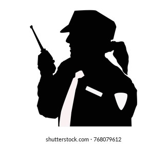 Silhouette of a woman security guard with uniform and walkie talkie.