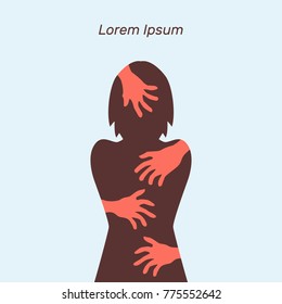 Silhouette of woman, sexual harassment, hands, vector illustration, flat concept, text, red, dark, blue, white, abuse, rape, icon, violence, assault, icon