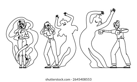 silhueta mulher sombra medo vetor. mistério ansiedade, noite estranha, fantasma terror silhueta mulher sombra medo personagem. pessoas linha preta lápis desenho ilustração