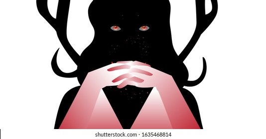 Silhouette of woman with shadowed face and hands with crossed fingers, antlers behind her back. Concept minimal vector ilustration of mental disease, psychopathic and sociopathic personality disorder.