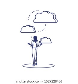 silhouette of woman sharing cloud information vector illustration design