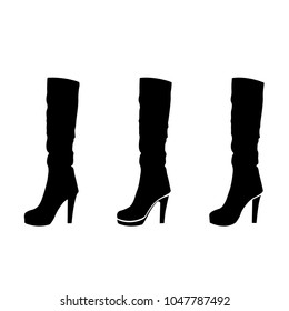 Silhouette of woman shoes, set of vector icon. The high-heeled boots in a different style. Black on white.