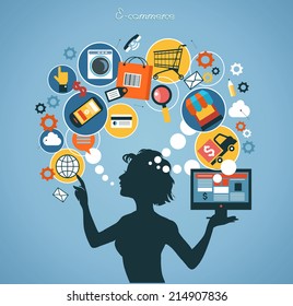 Silhouette woman shopped online store. E-shopping concept.