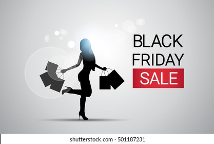 Silhouette Woman With Shopping Bag Black Friday Big Sale Banner Vector Illustration