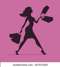 Silhouette of woman with shopping bags. Silhouette of woman on a pink background