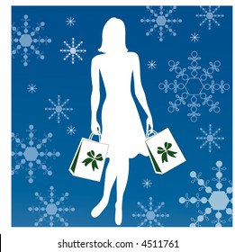 silhouette woman shopping vector christmas bows on bag