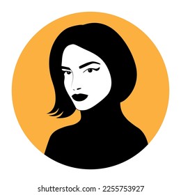 Silhouette of a woman with a short haircut on a round yellow background. Vector minimalist portrait of a woman.