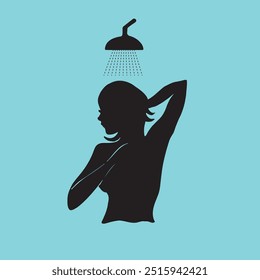 Silhouette of woman at shower in bathroom.