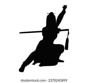 Silhouette einer Frau, die Martial wushu zeigt, kung fu Bewegung.