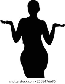 Silhouette of a woman shrugging with both hands raised, expressing uncertainty or confusion in a gesture against a transparent background.