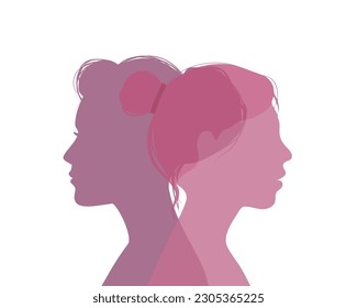 Silhouette of woman and woman. Similarities and differences between the two women.couple of lovers . young couple. They look in different directions. Family relationships. Vector flat illustration