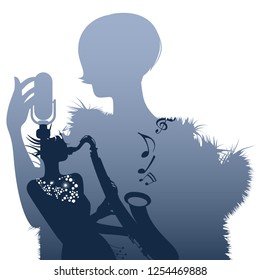 Silhouette of woman singer and woman playing the saxophone inside. Retro style. 