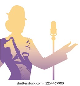 Silhouette of woman singer and woman playing the saxophone inside. Retro style. 