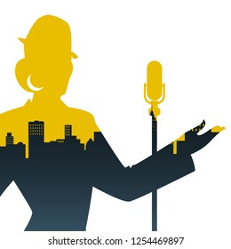 Silhouette of woman singer and skyline of city inside. Retro style. 