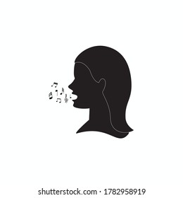 Silhouette of woman singing vector on white background. symbol or vector of female head with music notes icon, Flat design illustration, modern vector, woman head front view, woman's sound