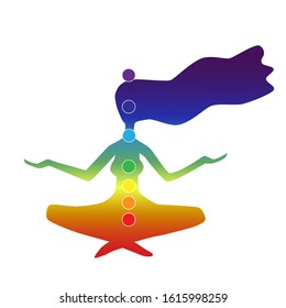 Silhouette of a woman sitting in lotus position. Chakras. Esoteric concept. Vector illustration