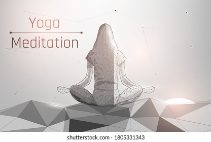 silhouette of woman sitting in lotus position doing meditation at sunset with starry sky. Do yoga. Immerse yourself in Zen. vector illustration. Beautiful sunset, plexus, wireframe, low poly.triangle