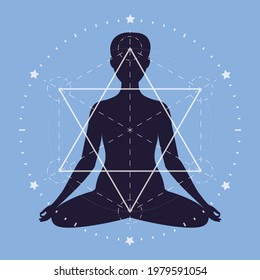 silhouette of a woman sitting in the lotus position and the signs of sacred geometry. a symbol of harmony and balance.  yoga logo. poster, textile for t-shirts. vector illustration.