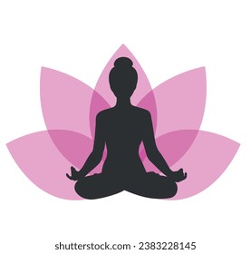 Silhouette of a woman sitting in lotus position on lotus flower background. Girl doing yoga and meditating. Meditation and healthy lifestyle. Vector illustration