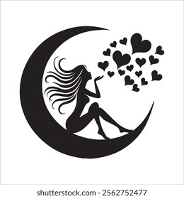  A silhouette of a woman sitting on the moon, surrounded by floating hearts, creating a romantic and whimsical scene.