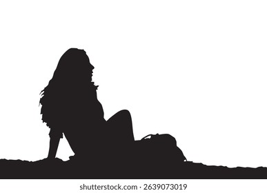 Silhouette of Woman Sitting Outdoors Alone Against White Background