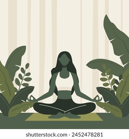 Silhouette of Woman Sitting is Practicing Yoga Meditation with Green Leaves Background