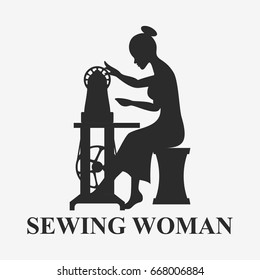 Silhouette of Woman sitting with sewing machine isolated on wite. Vector illustration