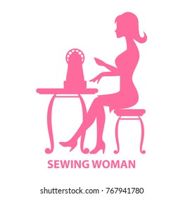 Silhouette of Woman sitting with sewing machine isolated on white. Sewing Logo concept in pink. Vector illustration