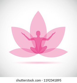 silhouette of a woman sitting in yoga pose for relaxation and meditation inside a pink lily flower vector illustration EPS10